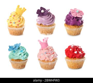 Delicious colorful cupcakes on white background Stock Photo