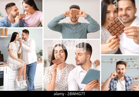 Collage of photos with beautiful young couple eating tasty chocolate Stock Photo