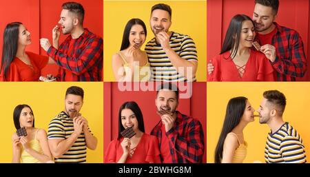 Collage of photos with beautiful young couple eating tasty chocolate Stock Photo