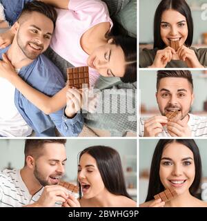 Collage of photos with beautiful young couple eating tasty chocolate at home Stock Photo