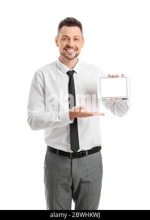 Handsome businessman with tablet computer on white background Stock Photo
