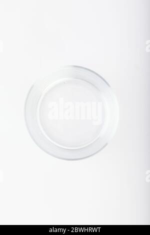 Glass bowl on white background. Empty bowl glass isolated. top view, copy space. Stock Photo