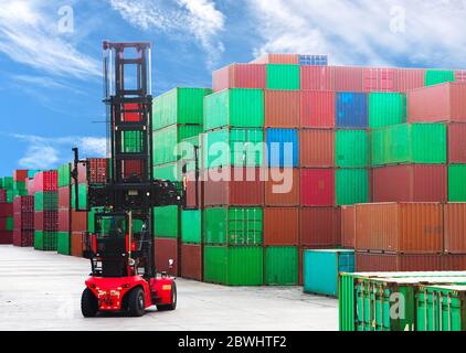 Container depot equipment, top lift inside yard with colorful background. Stock Photo