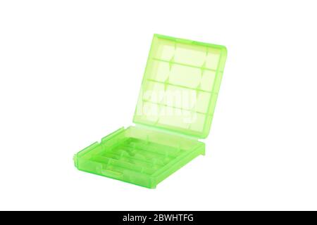 Plastic green battery boxes for storage isolated on white background Stock Photo
