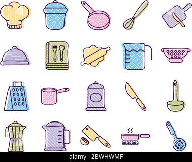 Cook and kitchen line and fill style icon set vector design Stock Vector