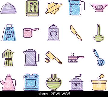 Cook and kitchen line and fill style icon set vector design Stock Vector