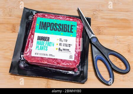 May 22, 2020 Sunnyvale / CA / USA - Close up of Impossible Burger package; the Impossible Burger is produced by Impossible Foods Inc and is plant base Stock Photo