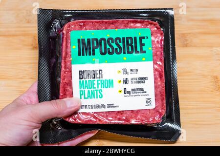 May 22, 2020 Sunnyvale / CA / USA - Close up of Impossible Burger package; the Impossible Burger is produced by Impossible Foods Inc and is plant base Stock Photo