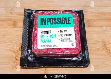 May 22, 2020 Sunnyvale / CA / USA - Close up of Impossible Burger package; the Impossible Burger is produced by Impossible Foods Inc and is plant base Stock Photo