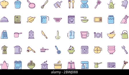 Cook and kitchen line and fill style icon set vector design Stock Vector