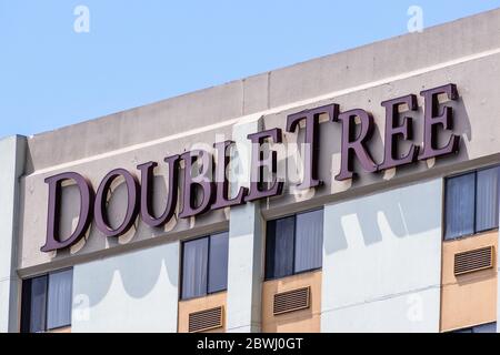 Aug 19, 2019 Burlingame / CA / USA - Close up of DoubleTree sign at the Hilton Hotel located near San Francisco Airport; Double Tree by Hilton is an A Stock Photo