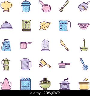 Cook and kitchen line and fill style icon set vector design Stock Vector