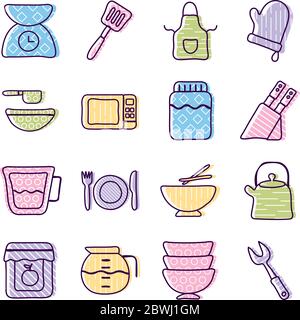 Cook and kitchen line and fill style icon set vector design Stock Vector