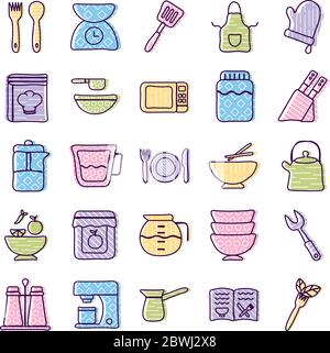 Cook and kitchen line and fill style icon set vector design Stock Vector