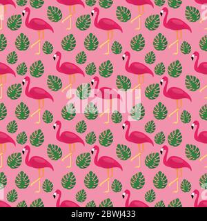 flamingo with monstera leaf seamless pattern vector illustration background Stock Vector