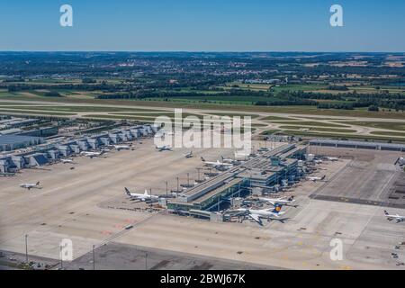 MUNICH, GERMANY - July 9. 2018: Aerial view of the Munich International airport (Flughafen Munchen) . It is the second busiest airport in Germany