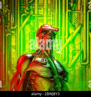 Memories of tomorrow / 3D illustration of male science fiction robot wearing futuristic glasses on abstract industrial pipes background Stock Photo