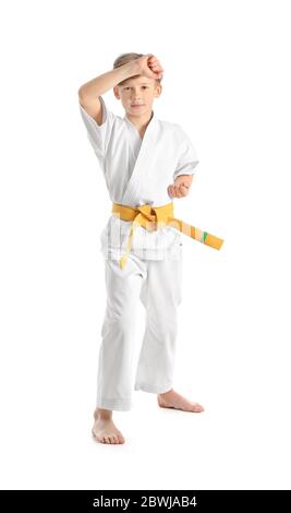 Little boy practicing karate on white background Stock Photo