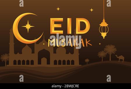 Mosque on Desert with Date Tree Camel Islamic Illustration of Happy Eid Mubarak Stock Vector