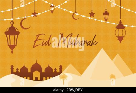 Mosque on Desert with Pyramid Lantern Islamic Illustration of Happy Eid Mubarak Stock Vector