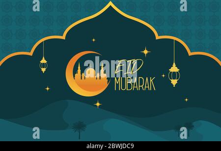 Mosque on Desert with Date Tree Lantern Islamic Illustration of Happy Eid Mubarak Stock Vector