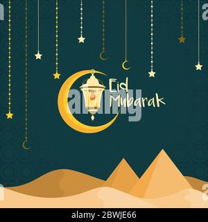 Desert with Pyramid Moon Lantern Islamic Illustration of Happy Eid Mubarak Stock Vector