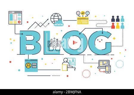 Blog word lettering for business concept. Design in modern style with related line icons for  web, website banner illustration Stock Vector