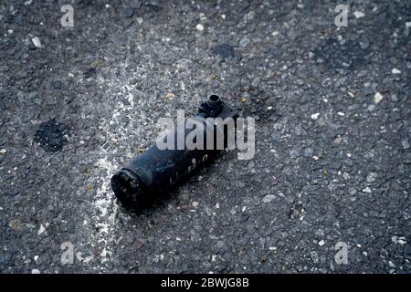 Philadelphia, United States. 01st June, 2020. A flashbang canister is seen on the asphalt after being fired at protestors along 22nd Street in Center City Philadelphia during a protest against police brutality and the death of George Floyd, June 1, 2020. (Photo by Michael Candelori/Pacific Press) Credit: Pacific Press Agency/Alamy Live News Stock Photo