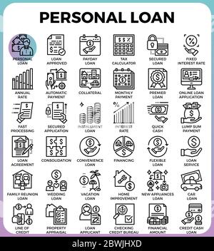 Personal loan concept detailed line icons set in modern line icon style for ui, ux, web, app design Stock Vector