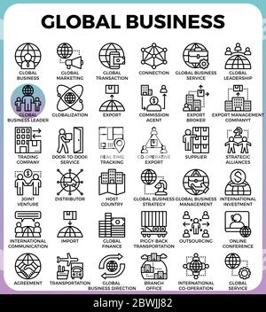 Global business concept detailed line icons set in modern line icon style for ui, ux, website, web, app graphic design Stock Vector
