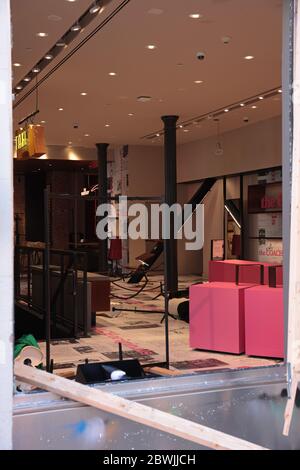 New York, NY, USA - June 1, 2020: Interior of Coach boutique on Wooster Street after looting. Stock Photo