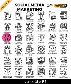 Social media marketing concept detailed line business icons set in modern line icon style for ui, ux, website, web, app graphic design Stock Vector
