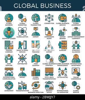Global business concept detailed line icons set in modern line icon style for ui, ux, website, web, app graphic design Stock Vector