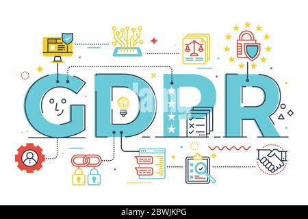 GDPR (General Data Protection Regulation) word lettering illustration with icons for web banner, landing page, essay, etc. Stock Vector