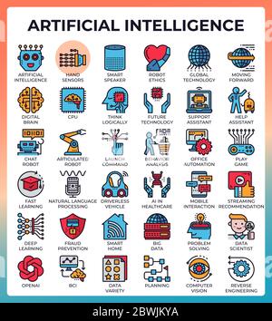 Artificial intelligence (AI) concept icons set in modern line icon style for ui, ux, web, mobile app design, etc. Stock Vector