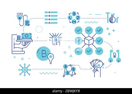 Blockchain technology concept line illustration in blue theme Stock Vector