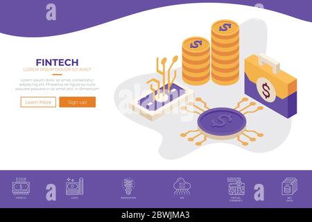 Fintech (Financial Technology) web design template for landing page, website banner or print illustration Stock Vector