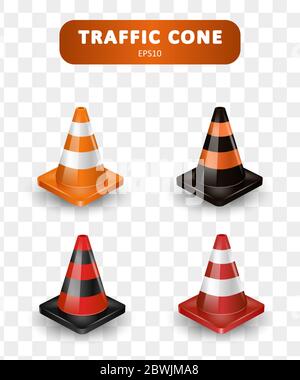 Traffic cones collection. Isometric set of icons for web design isolated on white background. Realistic vector illustration. Stock Vector
