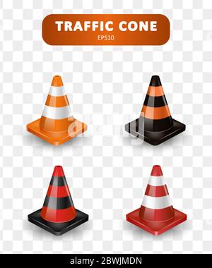 Traffic cones collection. Isometric set of icons for web design isolated on white background. Realistic vector illustration. Stock Vector