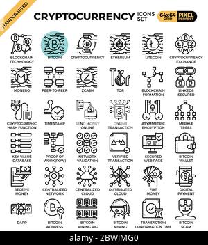 Cryptocurrency and blockchain technology concept icons set in modern line icon style for ui, ux, website, web, app graphic design Stock Vector