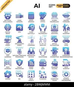 Artificial intelligence (AI) concept icons set in modern line icon style for ui, ux, web, mobile app design, etc. Stock Vector
