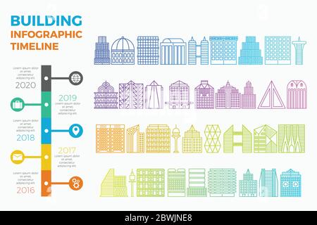 Building and cityscape timeline infographic template in colorful gradient line style Stock Vector