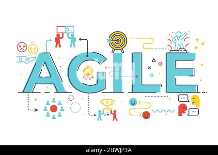 Agile word lettering illustration with icons for web banner, flyer, landing page, presentation, book cover, article, etc. Stock Vector