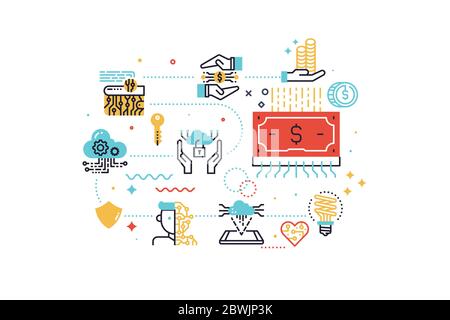 Fintech (Financial Technology) concept  illustration with icons for web banner, flyer, landing page, presentation, book cover, article, etc. Stock Vector