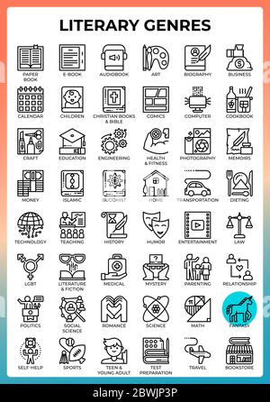 Literary Genres concept icons set in modern line icon style for ui, ux, web, mobile app design, etc. Stock Vector