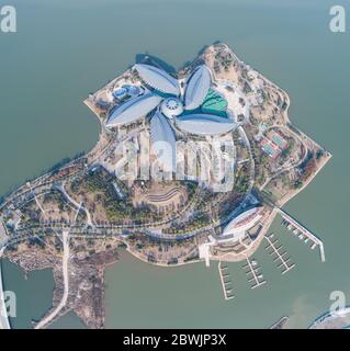 Shanghai, China - January 11, 2018: Aerial view of the flower-shaped Crowne Plaza Shanghai Harbour City, located near Dishui Lake in Shanghai Pudong Stock Photo