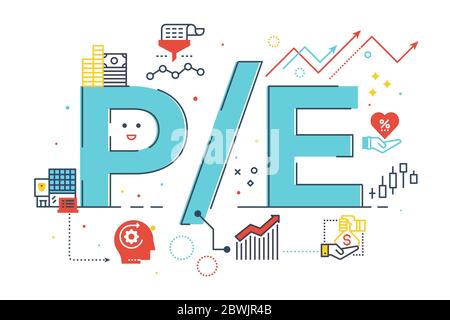 P/E ratio word lettering illustration with icons for web banner, flyer, landing page, presentation, book cover, article, etc. Stock Vector