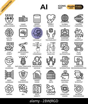 Artificial intelligence (AI) concept icons set in modern line icon style for ui, ux, web, mobile app design, etc. Stock Vector