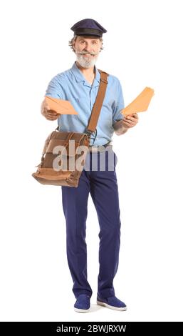 Handsome old postman on white background Stock Photo