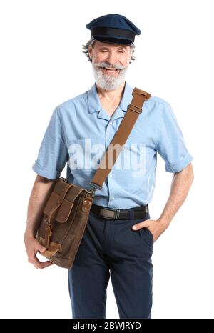 Handsome old postman on white background Stock Photo